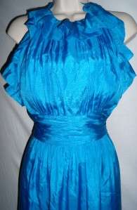   Silk Chiffon Halter Gown Dress Blue Sz 14 Ruffle Bodice Formal  