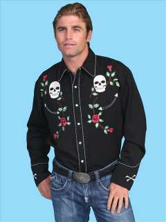 Scully Mens Western Fancy Skulls & Roses Embroidery Snap Vintage Shirt 