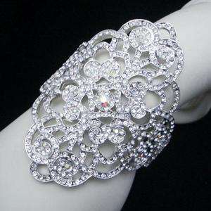 Huge Bridal Flower Bracelet Bangle w/ Swarovski Crystal  