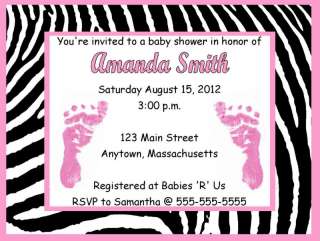 Girl Pink Feet Zebra Print Baby Shower Invitations  