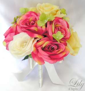 17pc Wedding Round Bridal Bouquet Flower FUCHSIA YELLOW  