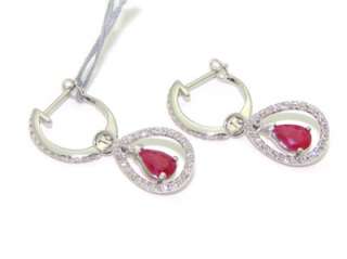   14kt White Gold 1ct Ruby Diamond Cluster Dangle Drop Earrings  