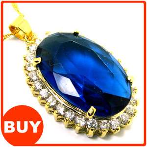   Fashion Jewelry Oval Cut Blue Sapphire Yellow Gold GP Pendant Necklace