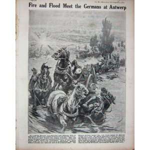   1914 WW1 German Soldiers Antwerp Floods Battle Horses