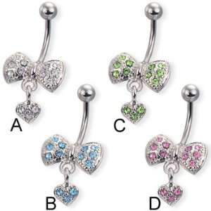  Jeweled bow belly button ring with dangling heart, clear 
