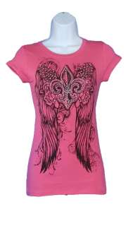   Brand Womens t shirt with Fleur de lis and Angel Wings Pink and Black