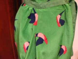   BY JACOBS Finch Print Silk Sash Tie Dress S Gator Green Multi  