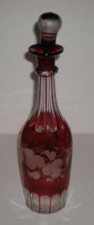 Antique Vtg BOHEMIAN Red Etched Glass Decanter Bottle  