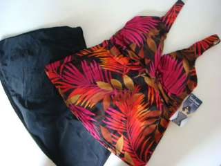 CARIBBEAN JOE New Slimshaper Black Palm Tankini Swim Skirt Swimsuit 