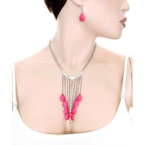  Pink Teardrop Shape Beads Waterfall Style Necklace Set 