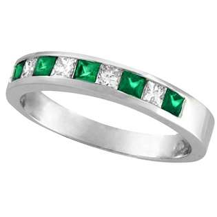 Princess Cut Diamond and Emerald Ring Band 14k White Gold (0.73ct 