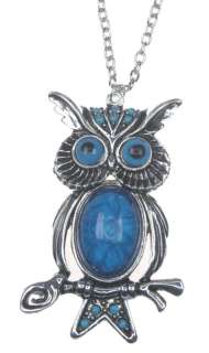 Blue Gem Vintage Style Owl Silver Pendant Necklace  