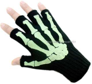 Skeleton Fingerless Gloves Work Glow in Dark Black Emo  