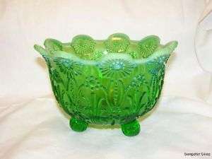 Northwood Glass Green Opalescent Pearl Flowers Nut Bowl  