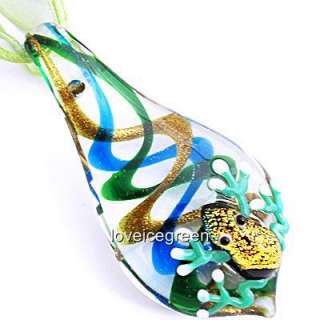 Dichroic Frog Green Leaf Murano Glass Pendant Necklace  