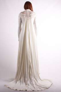 Vtg 70s Cream White Hippie Lace Mesh Pleated FISHTAIL Wedding gown 