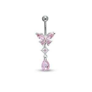 014 Gauge Butterfly Belly Button Ring with Pink Cubic Zirconia in 
