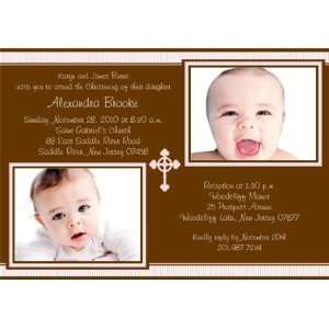Sweet Stripes with Cross Girl Photo Christening Invitations   Set of 