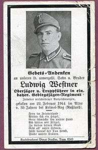 1944 Death Card Oberjager Ludwig Weftner KIA Russia  