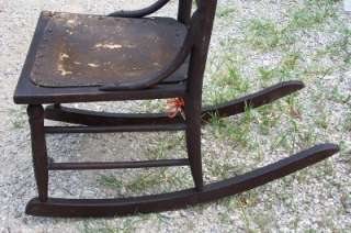 Antique Black Walnut Wood Rocking Chair Leather Seat  