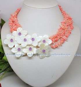 Charming pink coral white shell flower necklace  