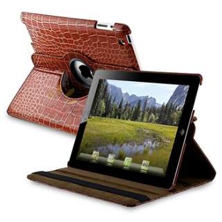   Rotating Stand Leather Case Cover For iPad 2 Brown Crocodile  