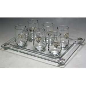  Crystal &Sterling Liquor Cup and Tray Grape Design Set of 