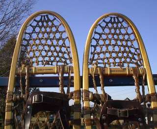   snowshoes have leather bindings. The snowshoes measures 10 wide by 36