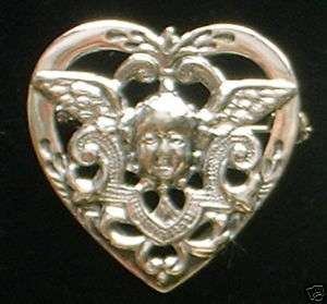 Sterling silver HEART with CHERUB angel PIN BROOCH  