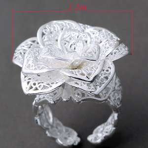Silver Plated White Carved Big Flower Adjustable Ring  