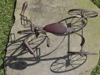 Antique Tricycle With Leather Seat, Wooden Handles & Metal Wheels 