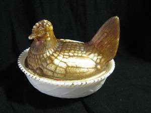   Brown Cold PAINTED MILK GLASS CHICKEN HEN ON NEST DISH AS IS  