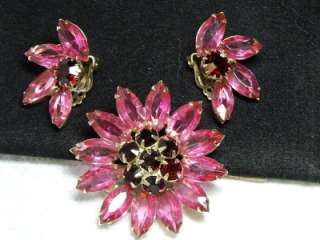 Vintage WEISS Pink & Garnet Red Rhinestone Clip Earrings & Brooch Demi 