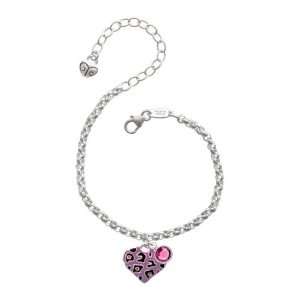 Purple Cheetah Print Heart Silver Plated Brass Charm Bracelet with 