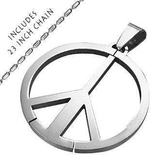 Stainless Steel Peace Sign Pendant Necklace with 23 Inch Stainless 
