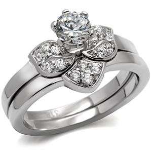   Stainless Steel 0.6 Carat CZ Floral Wedding Ring Set Size (8) Jewelry