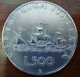1967 R SILVER COIN 500 LIRE GALLEY SHIP BOAT ITALY  