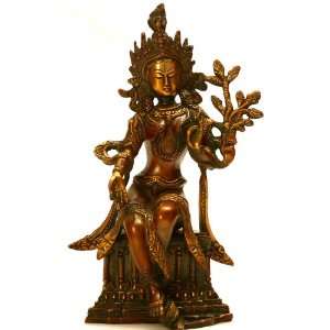 Goddess Tara Seated on a Throne   Brass Sculpture