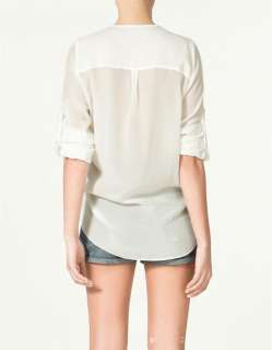 New Euorpe womens Collarless Chiffon shirt blouse Top CJ15 See through 