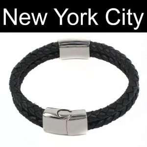 Black Braided Bolo Leather Bracelet Wristband Cuff Stainless Steel 