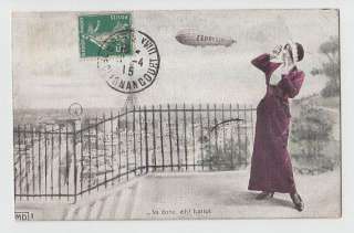 1915 ANTIQUE FRENCH POSTCARD WOMAN AND ZEPPELIN x  