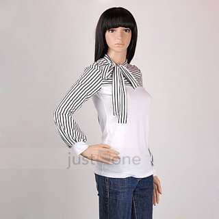 Elegant Fashion Womens Ladies Puff Long Sleeve Stripe bowtie T Shirt 