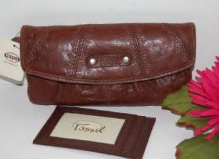 New~ FOSSIL Liberty Brown Embossed Leather Flap Clutch Wallet & ID 