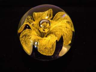 VINTAGE YELLOW FLOWER BUBBLE GLASS HEAVY PAPERWEIGHT  