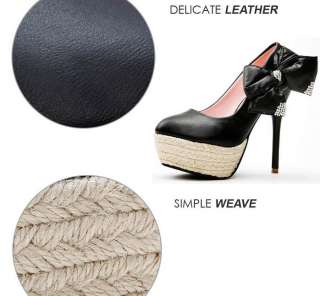 Weave Platform High Heel Bowknot Women Shoes Black/Ivory  
