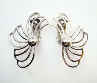 Modernist Atomic Age Pair Coro Earrings Rhodium Fan Out  