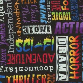 MOVIES FILM WORDS MOVIE GENRES ON BLACK Cotton Fabric BTY for Quilting 