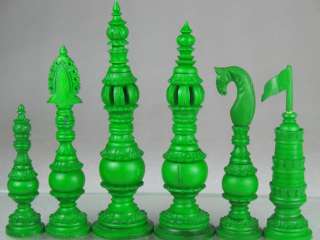 Unique Tower Chess Set   Antique Design Reproduced in Camel Bone Green