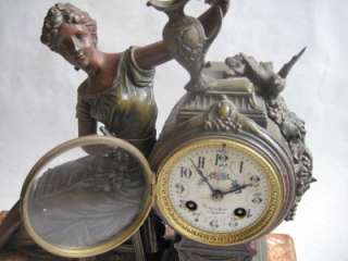 Red Marble Lady Spelter Clock  Orig. Pendulum C. 1800s  