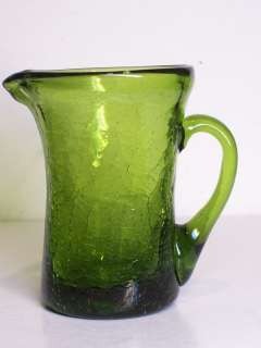Vintage Blenko Green Blown Crackle Glass Creamer Pitcher Applied 